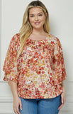 Blouse - Floral Printed Bat Wing Sleeve Blouse, Cream/Rose/Yellow, Plus Size