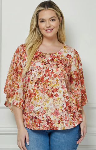Blouse - Floral Printed Bat Wing Sleeve Blouse, Cream/Rose/Yellow, Plus Size