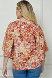 Blouse - Floral Printed Bat Wing Sleeve Blouse, Cream/Rose/Yellow, Plus Size