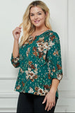 Blouse - Elastic Sleeve Trim Neck Front Blouse, Teal, Plus Size