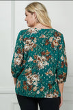Blouse - Elastic Sleeve Trim Neck Front Blouse, Teal, Plus Size