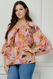 Blouse - Raglan V-Neck Top With Double Ruffle Sleeve, Yellow/Peach/Brown, Plus Size