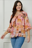 Blouse - Raglan V-Neck Top With Double Ruffle Sleeve, Yellow/Peach/Brown, Plus Size