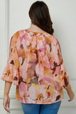 Blouse - Raglan V-Neck Top With Double Ruffle Sleeve, Yellow/Peach/Brown, Plus Size