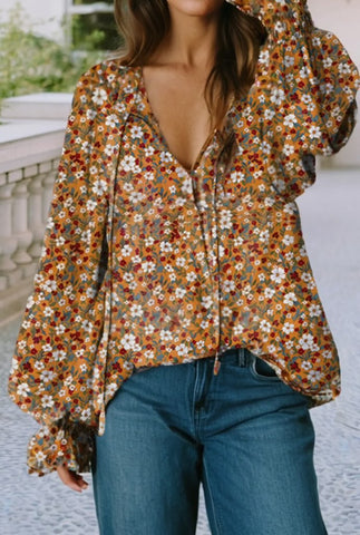 Blouse - Boho Floral Ruffled Bubble Sleeve V-Neck, Brown