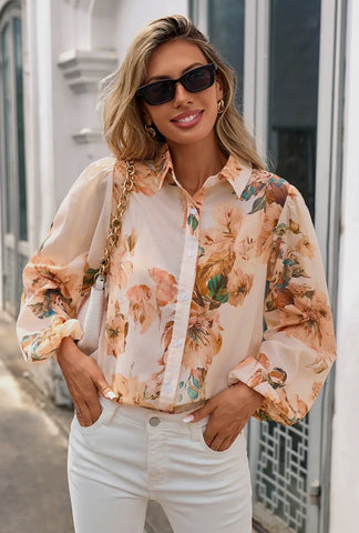 Blouse - Puff Sleeve Lightweight, Floral Pattern
