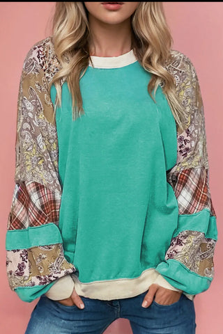 Blouse - Plaid Floral Patchwork Long Sleeve Sweatshirt, Green