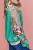 Blouse - Plaid Floral Patchwork Long Sleeve Sweatshirt, Green