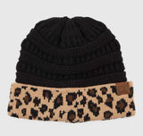 Accessories/Gifts - Leopard Cuff Rib Beanie, Black or Ivory