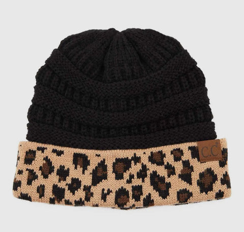 Accessories/Gifts - Leopard Cuff Rib Beanie, Black or Ivory