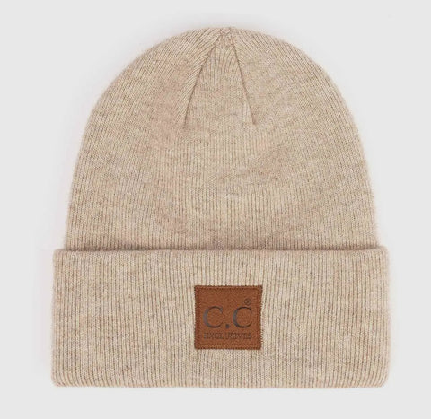Accessories/Gifts - Unisex Soft Ribbed Leather Patch Beanie, Beige Or Bubblegum