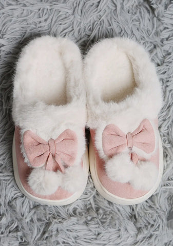 Shoes - Superlux Faux Suede Fuzzy Bow & Pom Pom Slippers, Pink