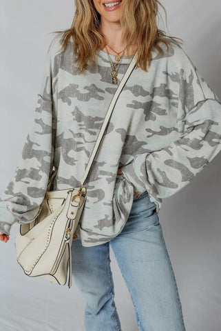 Blouse - Camouflage Exposed Seam Patchwork Sweatshirt, Multicolor