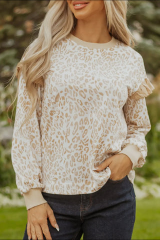 Blouse - Leopard Ruffle Round Neck Sweatshirt, Khaki