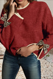 Blouse - Leopard Bow Decor Split Cuff Contrast Trim Sweater, Racing Red