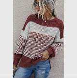 Blouse - Color Block Knit Long Sleeve Sweater, Rust