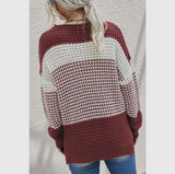 Blouse - Color Block Knit Long Sleeve Sweater, Rust