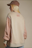 Blouse - Oversized Striped Casual Knit Top, Beige, Plus Size