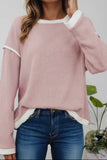 Blouse - Contrast Trim Knitted Drop Shoulder Top, Pink