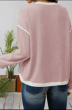 Blouse - Contrast Trim Knitted Drop Shoulder Top, Pink