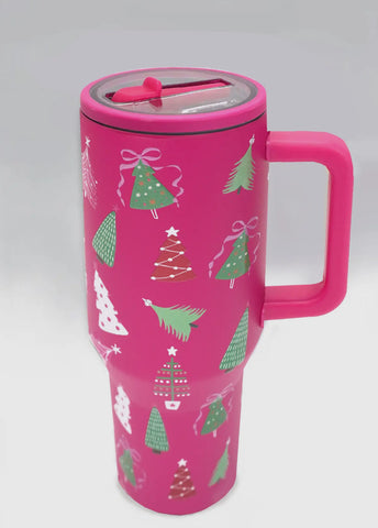 Accessories/Gifts - 40oz Spill Free Stainless Steel Vacuum Tumbler, Christmas Tree Fuchsia
