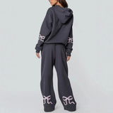 Pants - Trendy Casual Long Sleeve Loose Hoodie & Wide Leg Pants Set, Gray, Also Plus Size