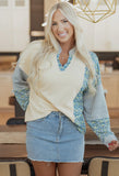 Blouse - Floral Strip Collared V-Neck Drop Sleeve Sweatshirt, Beige