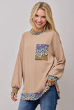 Blouse - Women’s Long Sleeve Top With Animal Print Pocket, Mocha Leopard, Plus Size