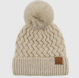 Accessories/Gifts - Kayley Woven Cable Knit Cuffed Pom Beanie, Beige, Mauve, Or White
