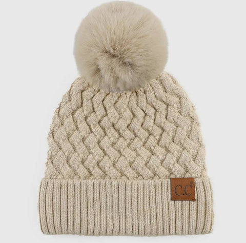 Accessories/Gifts - Kayley Woven Cable Knit Cuffed Pom Beanie, Beige, Mauve, Or White
