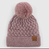 Accessories/Gifts - Kayley Woven Cable Knit Cuffed Pom Beanie, Beige, Mauve, Or White