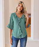 Blouse - Ruffle V Neck 3/4 Sleeve, Teal, Also Plus Size