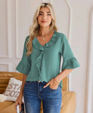 Blouse - Ruffle V Neck 3/4 Sleeve, Teal, Also Plus Size