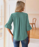 Blouse - Ruffle V Neck 3/4 Sleeve, Teal, Also Plus Size