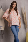 Blouse - Peach Floral Print Bell Short Sleeve, Peach Floral