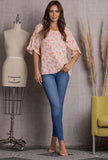 Blouse - Peach Floral Print Bell Short Sleeve, Peach Floral