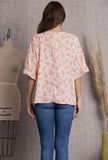 Blouse - Peach Floral Print Bell Short Sleeve, Peach Floral