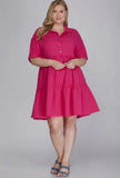 Dress - Collared Tiered Gauze Button Down, Hot Pink, Plus Size