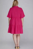 Dress - Collared Tiered Gauze Button Down, Hot Pink, Plus Size