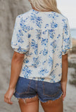 Blouse - Boho Pleated Puff Sleeve Button Up, Blue/White Floral