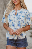 Blouse - Boho Pleated Puff Sleeve Button Up, Blue/White Floral