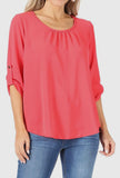 Blouse - Women's Casual Round Neck, Coral, Plus Size