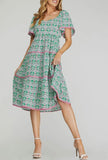 Dress - Flounce Sleeves Tiered Ric Rac Trimming Midi - Green