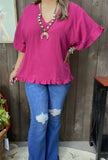 Blouse - Loose Bell W/Ruffle Short Sleeve, Plum
