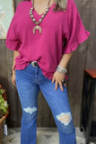 Blouse - Loose Bell W/Ruffle Short Sleeve, Plum