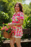 Blouse - Patterns Prined Bell Short Sleeve, Pink/Multi, Also Plus Size