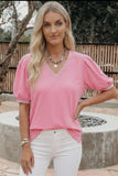 Blouse - V Neck Short Puff Sleeve, Pink, Also Plus Size