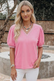 Blouse - V Neck Short Puff Sleeve, Pink, Also Plus Size