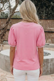 Blouse - V Neck Short Puff Sleeve, Pink, Also Plus Size