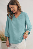 Blouse - Frilled V Neckline Bracelet Sleeve, Teal